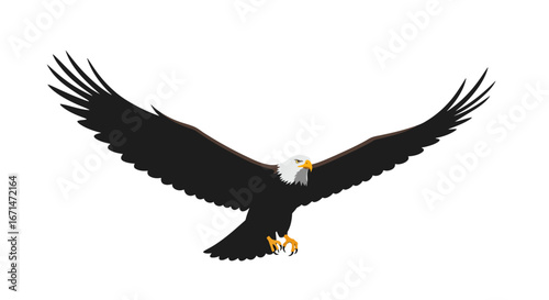 Majestic bald eagle soaring with wings outstretched in a dramatic black silhouette against a clean white background symbolizing freedom and power