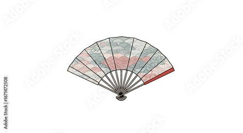 A traditional Japanese folding fan with an elegant cloud and wave pattern, isolated on a white background. Vector illustration of a classic Asian accessory