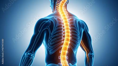 Spinal health visualization Man spinal pain due to ankylosing spondylitis glowing depiction of spinal fusion and inflammation