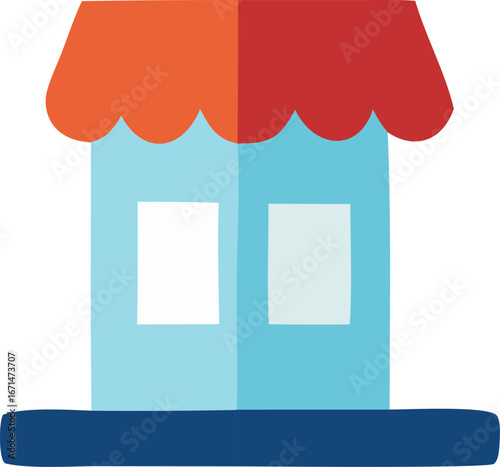 Charming flat design small business storefront with red and orange awning and two windows