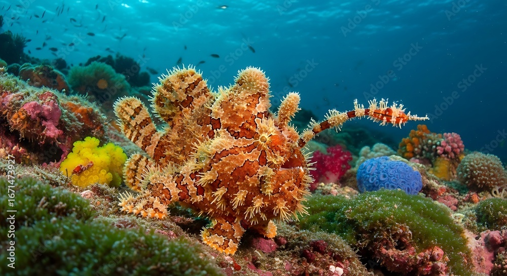Naklejka premium Scorpionfish Camouflaged on Colorful Coral Reef.