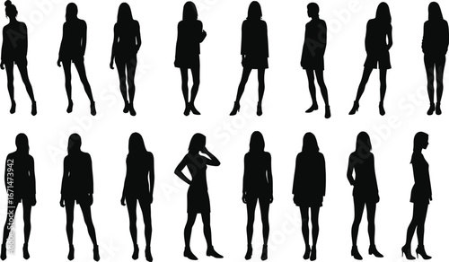 Collection of full body female silhouettes in various poses standing and walking isolated on transparent background