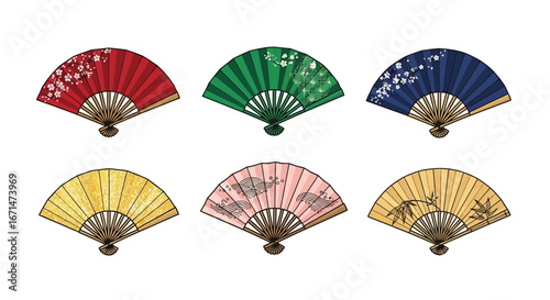 Vibrant illustrated collection of traditional Japanese folding fans, showcasing elegant oriental patterns and cultural artistry