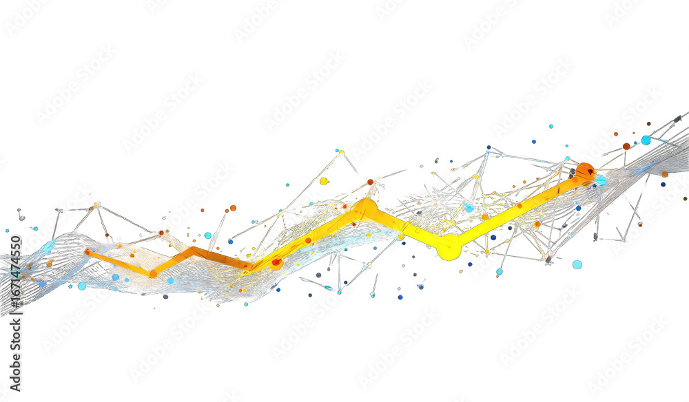 Obraz premium Abstract dynamic graphic with a flowing, zesty yellow-orange line, scattered geometric shapes, and speckles of color on a black background