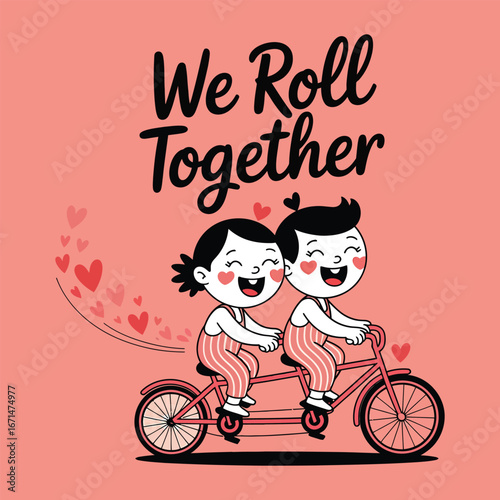 Children riding tandem bicycle with hearts pink