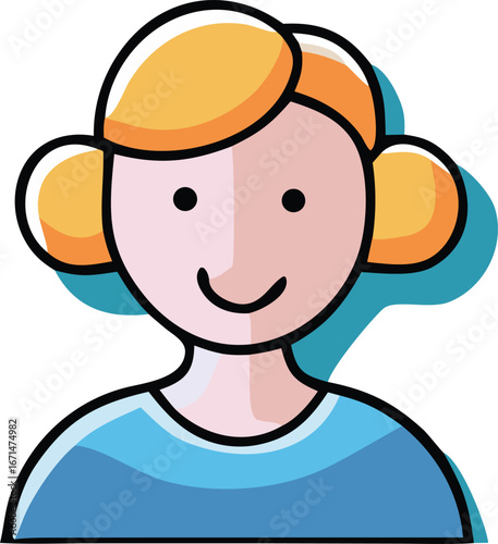 Simple cartoon avatar of a smiling woman with blonde hair wearing a blue shirt friendly and approachable digital art
