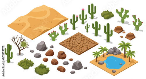 Isometric 2:1 video game-style vector illustration of desert landscape assets | Includes sand dunes, cacti, dry cracked ground tile, scattered rocks, small oasis with water, desert shrubs