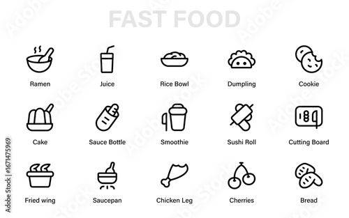 Fast Food Modern Line Icon Collection of Minimal Vector Outline Symbols for Quick Service Dining, Takeaway Meals, and Snack Bars