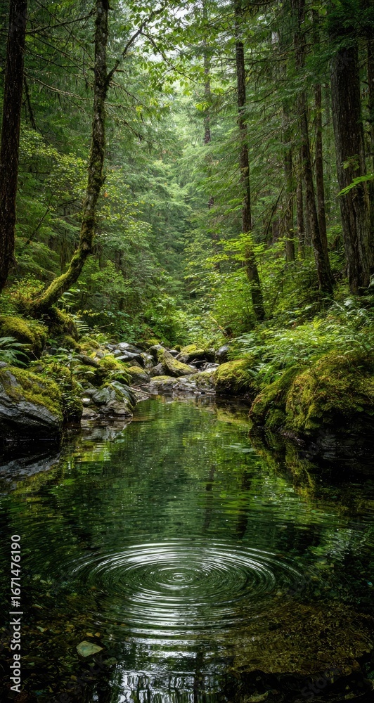 Obraz premium Lush forest stream reflecting emerald trees