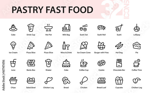 Fast Food Modern Line Icon Set with Professional Minimal Vector Outline Designs for Restaurants, Menus, and Fast Meal Concepts