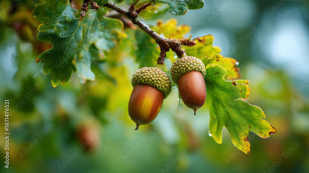 Obraz premium Close-up of acorns hanging from an oak branch, symbolizing the start of autumn in the forest