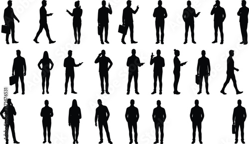 Collection of diverse business people silhouettes standing and walking in various poses against a clean isolated on transparent background