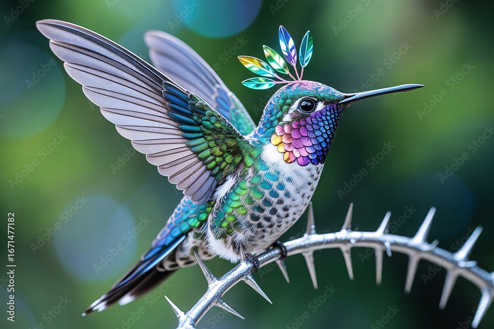 Obraz premium Iridescent hummingbird with jeweled crest on metallic perch in soft light