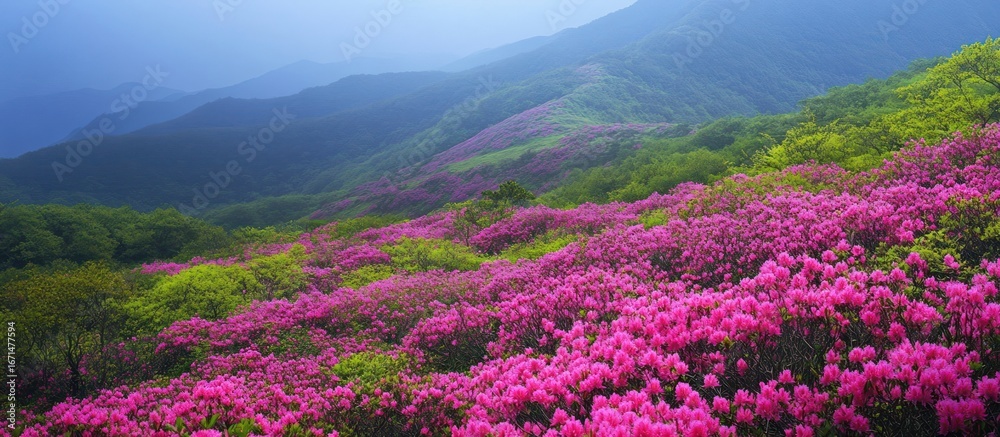 Obraz premium Lush pink azaleas blanket a hillside, with misty mountains in the background