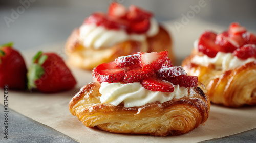 Wallpaper Mural Flaky pastries topped with strawberries and cream cheese against a neutral background. Torontodigital.ca