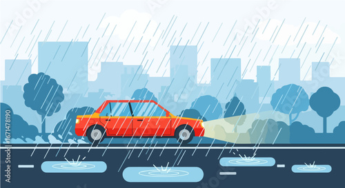 Rainy Day Drive Red Car Navigating Puddles in the City