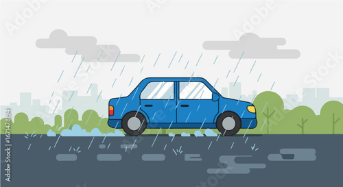 Car Driving in Rain Urban Transportation on a Rainy Day