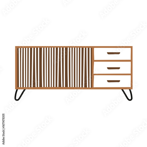 Modern Minimalist Cabinet with Drawers and Wood Details Furniture Illustration