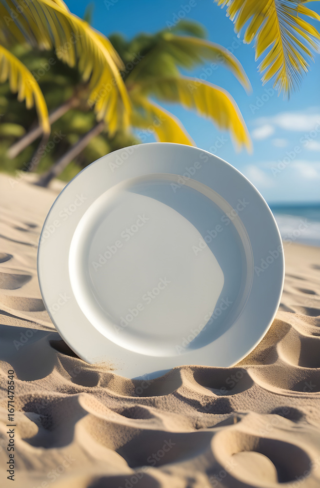 Obraz premium A pristine, empty white dinner plate partially buried in golden sand