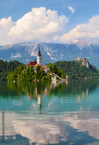 Lake Bled and island surrounded by mountains and forests, Slovenia.