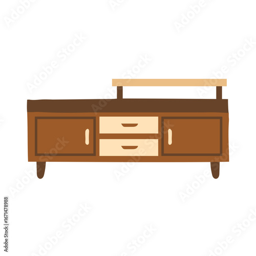 Flat Design Wooden Television Console with Drawers and Cabinets Illustration