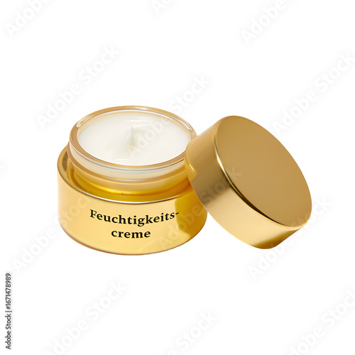 3D photorealistic render of luxury gold cosmetic jar with white cream, elegant beauty product packaging, glossy metallic lid, high quality close up, studio lighting