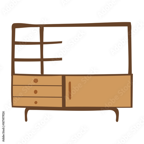 Handdrawn Minimalist Display Cabinet with Drawers and Shelves Furniture Illustration