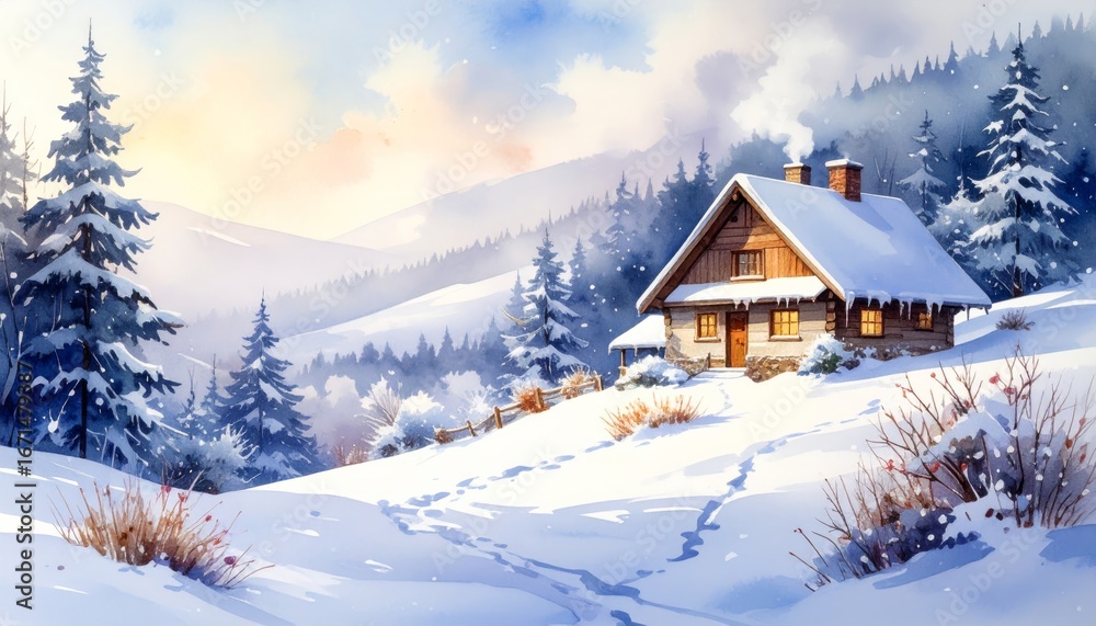 Fototapeta premium A solitary wooden house sits nestled in a snowy winter mountain landscape, a peaceful scene beneath a frosty blue sky, watercolor