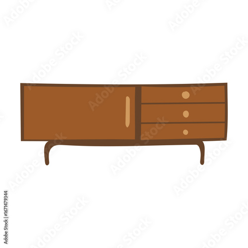 Flat Handdrawn Simple Sideboard Furniture with Door and Drawers Illustration