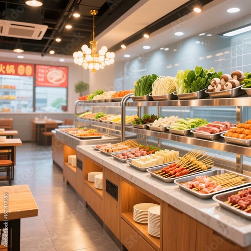 Hotpot Ingredients Display with Vegetables and Skewers