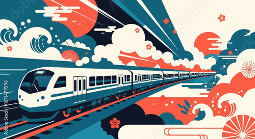 Stylized illustration of a bullet train in a dynamic Japanese Ukiyo-e art style with waves and blossoms.