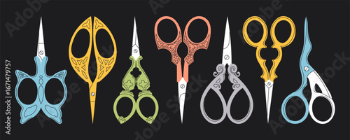 Set of various Scissors. Elegant, vintage, retro style. Hand drawn Vector illustration. Isolated design elements. Cutting hair, scissoring, shear concept