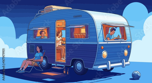 Stylized illustration of a group of people relaxing on a camping trip with their blue vintage camper van.