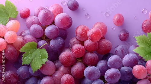 Fresh and juicy purple grapes with green leaves on a light purple background