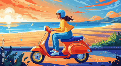 A woman in a helmet rides an orange scooter along a scenic coastal road at sunset, with the ocean and beach in the background.