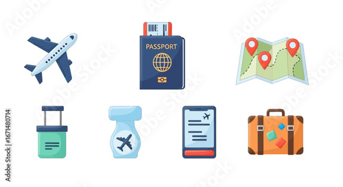 Various travel elements arranged on white surface represent planning and preparation for vacation, creating a sense of anticipation and excitement.