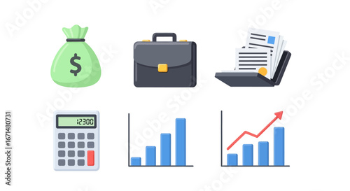 Financial elements representing business and investment activities arranged neatly on white surface, indicating prosperity and growth.