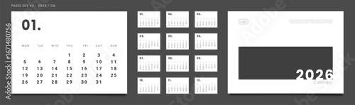 Set of 2026 Pages Monthly Calendar Planner Templates, Cover with Place for Photo, Company Logo. Vector pages for wall or desk calendar in minimal style. Page size A4 for Print. Week start on Monday