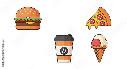 Delicious burger, pizza slice, coffee cup, and ice cream cone arranged on a white surface, showcasing popular fast food items with a playful and inviting theme.