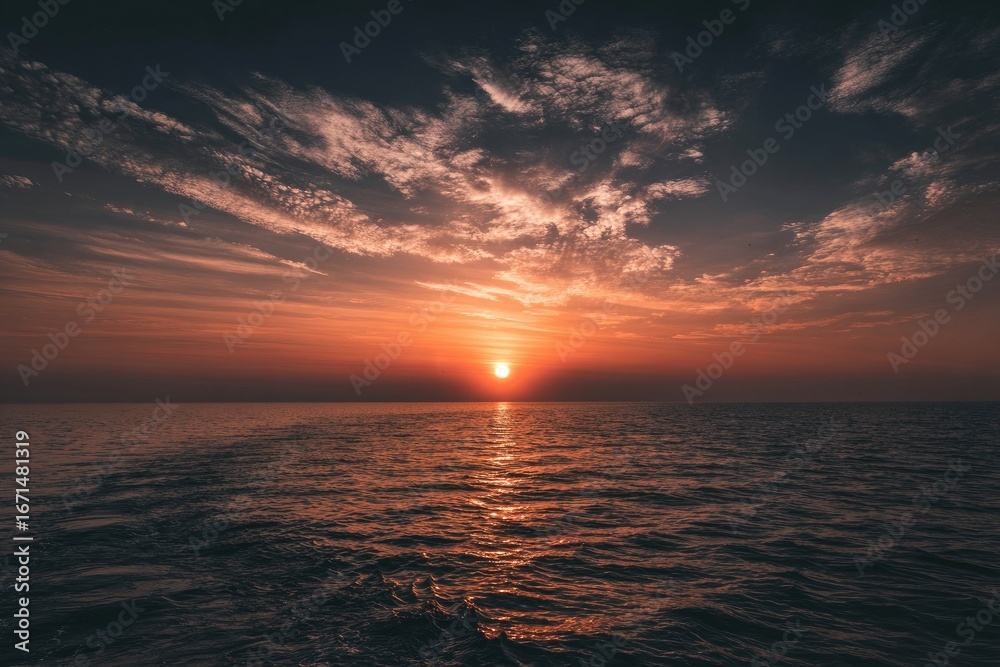 Obraz premium Sunset over a calm sea with dramatic clouds