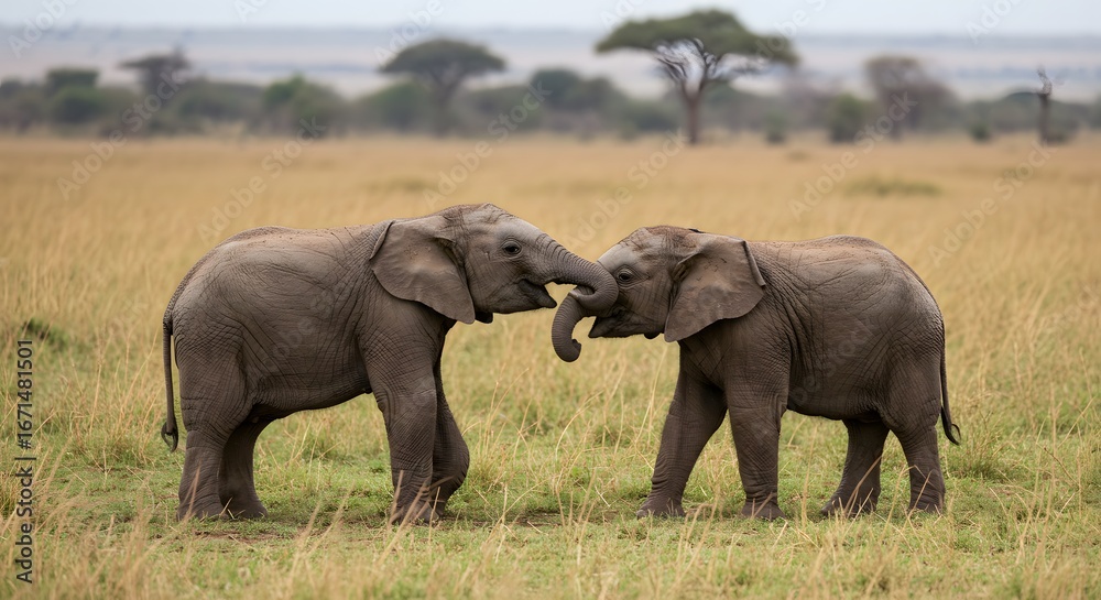 Fototapeta premium Two baby elephants touch trunks savanna