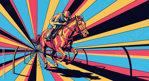 Pop art illustration of a jockey and horse galloping through a vibrant, psychedelic tunnel of speed.
