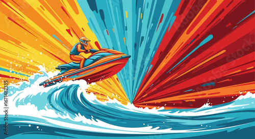 Dynamic illustration of a person riding a jet ski on a wave with a colorful, explosive background.