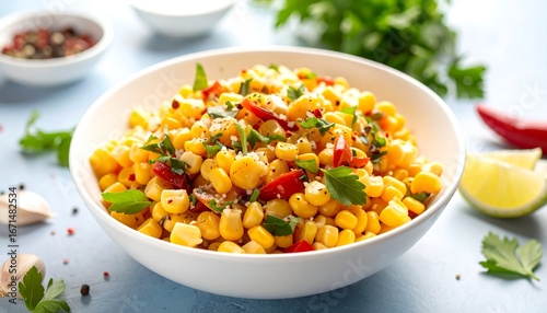 Fresh and vibrant Mexican street corn salad in a white bowl with fresh cilantro and lime.