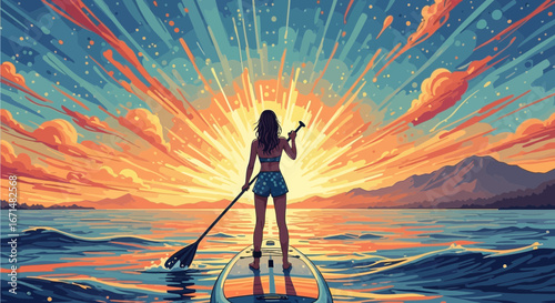 Illustrative artwork of a woman on a stand-up paddleboard watching a vibrant, radiant sunset over the ocean.
