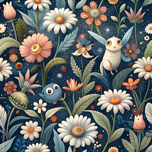 Whimsical Floral Illustration with Cute Creatures