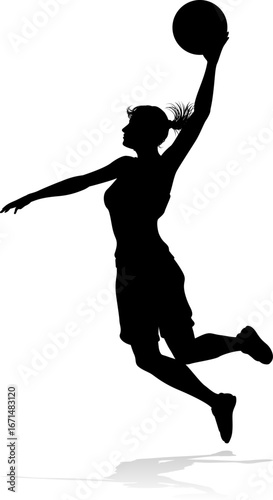 Silhouette of athletic woman female basketball player with basketball ball. Sports concept.