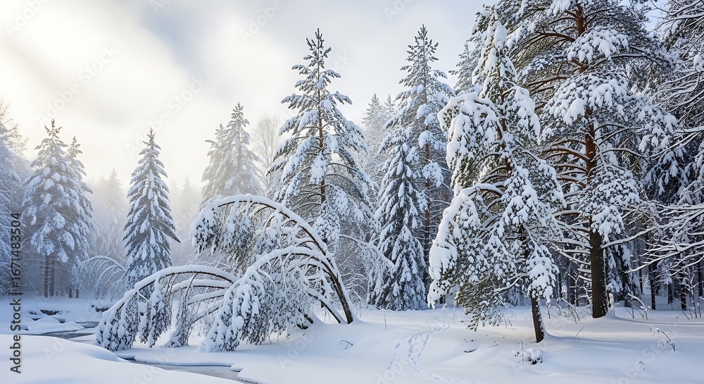 Obraz premium Snow Covered Trees in Winter Forest Landscape.