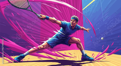 A male tennis player lunges for a powerful forehand return in a vibrant, stylized illustration.