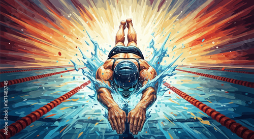 A dynamic illustration of a competitive swimmer diving into a pool, creating a powerful splash with a radiant, explosive background.